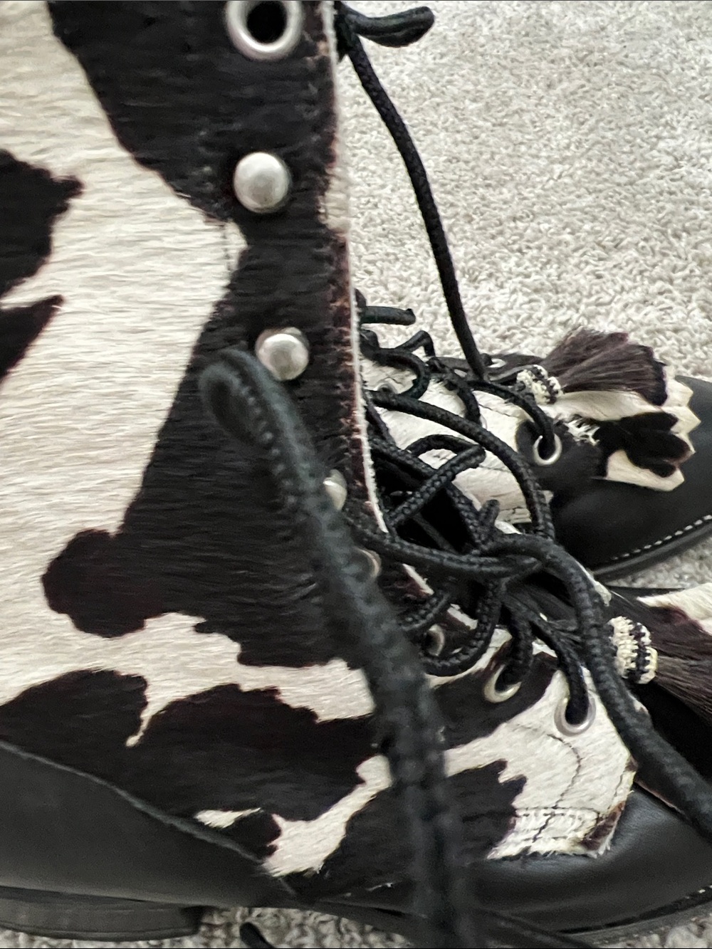 Larry Mahan Black and White Cowhide Lace-Up Tassel Boots| EXQUISITE‼ - Picture 6 of 12